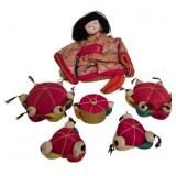 Vtg Japanese Fabric Pin Cushions w/ Doll