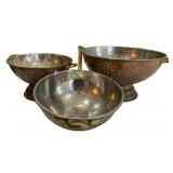 Three Copper Colanders,, Largest 7"x12"