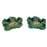 2 Majolica Frog Adorned Ashtrays