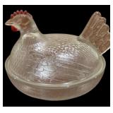 Crystal Hen on Nest Covered Dish Red Trim