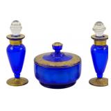 3pc Set Blue Perfume Set w/ Gold Overlay
