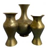 3 Brass Vases - 7" Tall