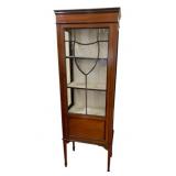 English Inlaid Curio Cabinet, spade feet, brocade