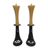 Pr Cast Iron Pierced Candlesticks w/ Candles