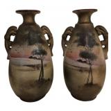Japanese Double Handle Painted Vases 10"