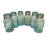 6 Vintage Blue Glass Ball Canning Jars - 10" Tall