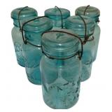 6 Vintage Blue Glass Ball Canning Jars - 8" Tall