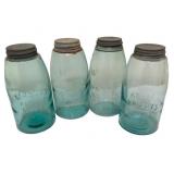 4 Vintage Blue Mason Jars w/ Lids - 9" Tall