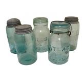 5 Vintage Blue Glass Ball Mason Jars - 7" Tall