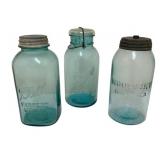 3 Blue Mason Jars - 10" Tall