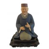 Asian Man Figurine on Wood Stand 10"