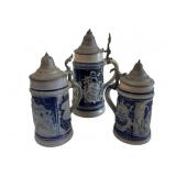3 German Blue Salt Glaze Steins 9.5"