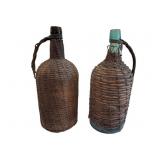 Pr Vtg Wicker Covered Wine Bottles 15.5"