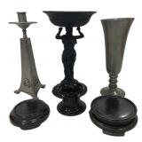 Assorted Pewter, Metal & Black Glass Decor