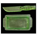 Green Uranium Glass Knife & Butter Dish
