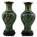 Pr Chinese Enamel Cloisonne Vases w/ Stands