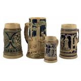 4 Vintage Stein Mugs, Largest: 8"