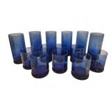14 Octagonal Blue Glass Tumblers 7"+4"