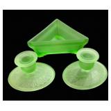 Frosted Uranium Glass Bowl & Candlesticks
