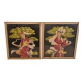 Pr Asian Figural Spray/Watercolor Paintings