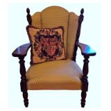 Carved Wood Wingback Armchair w/ Pillow