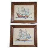 Pr Framed Ship Needlepoint Pictures 11"x13"