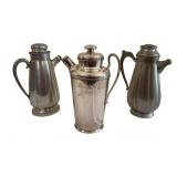 3 Cocktail Shakers Pewter & SP 10.5"