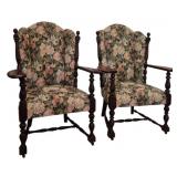 Pair Jacobean Style Upholstered Armchairs