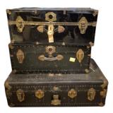 3 Vtg Trunks w/ Brass Hardware Full of Fabric