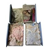 4 Small Totes of Vtg Lace, Fabric & Textiles