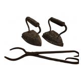 Pr Ant. Cast Iron Sad Irons w/ Hearth Tongs