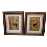Pr Vtg Framed Donkey Prints in Wood Frames