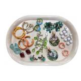 Group of Costume Earrings on Metal Tray