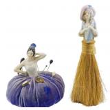 Vintage Porcelain Lady Pin Cushion & Brush