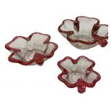 3 Glass Bowls w/ Cranberry Ruffled Rims