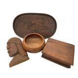 Carved Wood Lot Dragon Tray Bowl Box & Bust