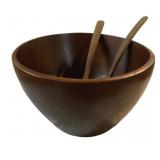 Vintage Wooden Salad Bowl w/ Utensils - 7 x 12