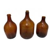 3 Vintage Amber Glass Jugs - 13" Tall