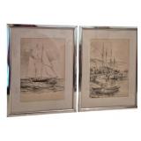 Pr of Pencil Signed Nautical Drawings 17"x13"