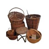Group Lot of Woven Baskets & Wooden Stool
