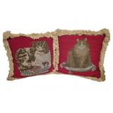 Pr Red Tapestry Pillows w/ Cat & Dog Motifs