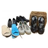 6 pairs of Assorted Shoes w/ storage basket