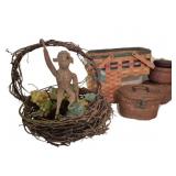 Group of Assorted Woven Baskets w/ Monkey