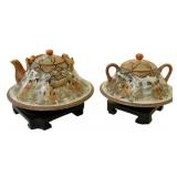 Oriental Teapot & Sugar Set w/ wood bases