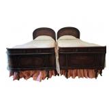 Pr Antique Mahogany Twin Beds w/ Bedding