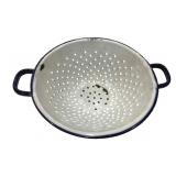 Vtg White Enamelware Colander w/ Blue Trim