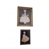 Pr Vtg Framed Ribbon Paper Doll Art 27"x28"