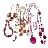 7 Necklaces, 1 Bracelet - Pink & Orange