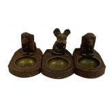 3 Carved Dog Wood Ashtrays - 5 x 3.25 x 4.25