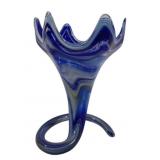 Vintage Blue Swirl Art Glass Trumpet Vase